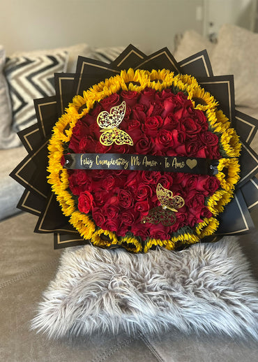 Golden Sunflower & Red Roses Arrangement