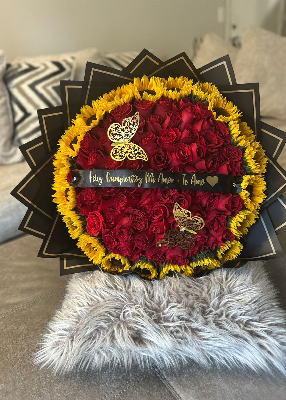 Golden Sunflower & Red Roses Arrangement